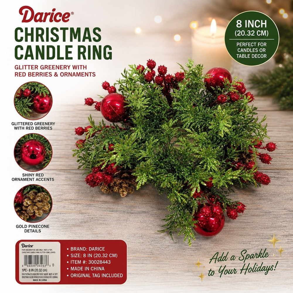 Darice Christmas Candle Ring 8in Glitter Greenery Red Berries Ornaments 30028443